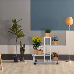 Tagère à plantes, 4 niveaux, pour herbes aromatiques et fleurs, métallique, acier, roulettes, blanche - Relaxdays