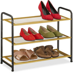 Relaxdays Étagère à chaussures, compacte, pour 6 paires, 3 niveaux, acier, H x L x P : 48 x 60 x 25 cm, noir et doré
