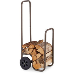 Range-bûches mobile, 2 roues, jusqu'à 60 kg, pour bûches standards, support bois de chauffage, acier, marron - Relaxdays