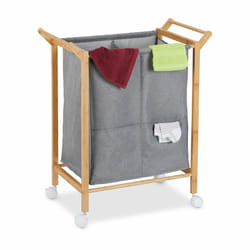Panier à linge, 2 compartiments, 80 l, support avec roulettes, bambou et tissu, hlp 76x65x35 cm, nature & gris - Relaxdays