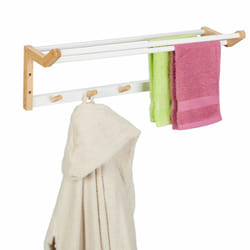 Porte-serviettes mural, HxLxP : 22x60x20 cm, crochets & barres sèche-serviettes, bambou, naturel/blanc - Relaxdays