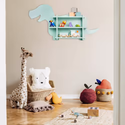 Tagère dinosaure, 2 compartiments ouverts, bibliothèque enfants, murale, HxLxP: 43,5x84x13,5 cm, turquoise - Relaxdays