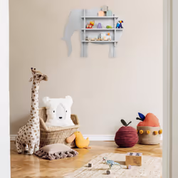 Rangement éléphant pour enfants, 2 compartiments ouverts, mural, HxLxP: 50x63,5x10 cm, meuble à étagères, gris - Relaxdays