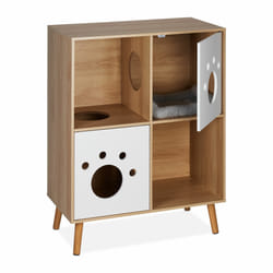 Meuble pour chat, 4 compartiments, HxLxP : 96x75x40 cm, cache-litière & couchage, intérieur, nature - blanc - Relaxdays