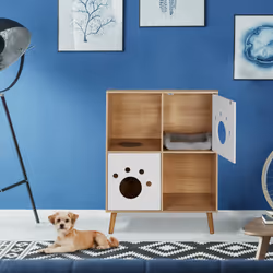 Meuble pour chat, 4 compartiments, HxLxP : 96x75x40 cm, cache-litière & couchage, intérieur, nature - blanc - Relaxdays
