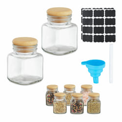 Relaxdays - Salière & poivrière, lot de 8, 100 ml, étiquettes, entonnoir, marqueur, verre et bambou, transparent et nature