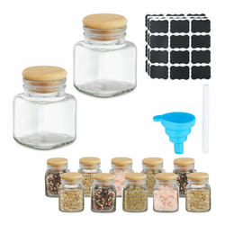 Relaxdays - Salière & poivrière, lot de 12, 100 ml, étiquettes, entonnoir, marqueur, verre et bambou, transparent & nature