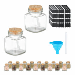 Salière et poivrière, lot de 20, 100 ml, étiquettes, entonnoir, couvercle en liège, transparent et nature - Relaxdays