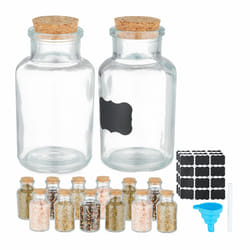 Relaxdays - Salière et poivrière, couvercle, lot de 14, 150 ml chacun, étiquettes, marqueur, entonnoir, transparent