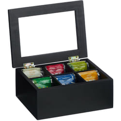 Boîte à thé, 6 cases, bambou, couvercle protégeant le contenu de la poussière, hlp 9x21,5x16 cm, noire - Relaxdays
