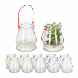 Lot de 12 photophores à suspendre, en verre, avec anse coloré, porte-bougies, HxD: 10 x 8,5 cm, transparent - Relaxdays