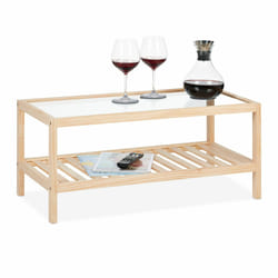 Relaxdays - Table basse rectangulaire, 2 niveaux, bois et verre, h x l x p : 35 x 80 x 40 cm, pour le salon, naturelle