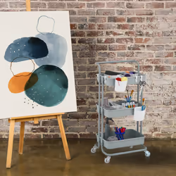 Chariot à roulettes, 3 niveaux, pour service, salle de bain & bureau, HxLxP : 86x42,5x36cm, bricolage, gris - Relaxdays