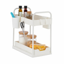 Rangement évier, 2 niveaux, extensible, 4 crochets & 2 pots, organiseur de produits pour cuisine, blanc - Relaxdays