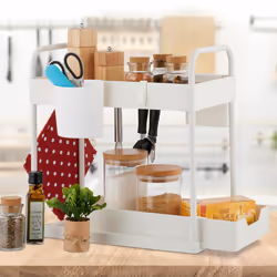 Rangement évier, 2 niveaux, extensible, 4 crochets & 2 pots, organiseur de produits pour cuisine, blanc - Relaxdays