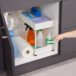 Rangement sous évier, 2 niveaux, 6 crochets & 2 pots, hauteur réglable, organiseur pour la cuisine, blanc - Relaxdays