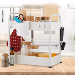 Rangement sous évier, 2 niveaux, 6 crochets & 2 pots, hauteur réglable, organiseur pour la cuisine, blanc - Relaxdays