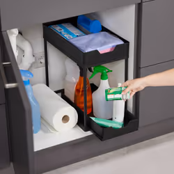 Relaxdays - Rangement sous évier, 2 niveaux, extensible, HxLxP: 37x22x40 cm, organiseur pour cuisine & salle de bain, noir