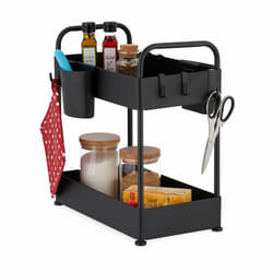 Relaxdays - Rangement sous évier, 2 niveaux, 6 crochets & 2 pots, HxLxP: 42,5x22x40 cm, pour cuisine & salle de bain, noir