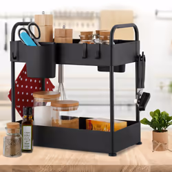 Relaxdays - Rangement sous évier, 2 niveaux, 6 crochets & 2 pots, HxLxP: 42,5x22x40 cm, pour cuisine & salle de bain, noir