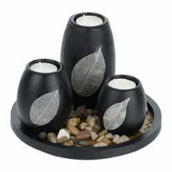 Porte-bougies avec plateau rond, bougeoir, pierres décoratives, 19,5 cm, déco salon, chambre, noir/marron - Relaxdays