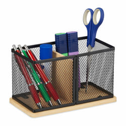 Relaxdays - Range-stylos, bambou & maille, HxLxP: 11x19x10 cm, rangement à crayons pour bureau, fournitures, noir - nature