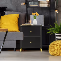 Relaxdays - table de nuit, 2 tiroirs, HxLxP : 55,5 x 46 x 33 cm, meuble chevet, petite commode, chambre, salon, noir/doré