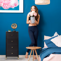 Relaxdays - Meuble de rangement, HxLxP : 98,5 x 46 x 30 cm, 4 tiroirs, commode tissu & acier, compartiments, noir - doré