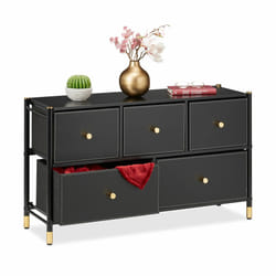 Meuble de rangement, HxLxP : 58,5 x 100 x 30 cm, 5 tiroirs, commode tissu & acier, compartiments, noir - doré - Relaxdays