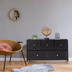 Meuble de rangement, HxLxP : 58,5 x 100 x 30 cm, 5 tiroirs, commode tissu & acier, compartiments, noir - doré - Relaxdays