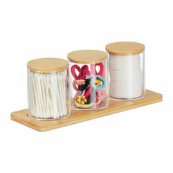 Pots à cotons-tiges avec tablette, 3 récipients avec couvercles, plastique / bambou, transparent - nature - Relaxdays