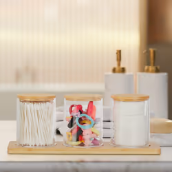 Pots à cotons-tiges avec tablette, 3 récipients avec couvercles, plastique / bambou, transparent - nature - Relaxdays