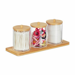 Pots à cotons-tiges avec tablette, 3 récipients avec couvercles, plastique / bambou, transparent - nature - Relaxdays
