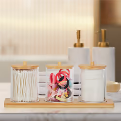 Pots à cotons-tiges avec tablette, 3 récipients avec couvercles, plastique / bambou, transparent - nature - Relaxdays