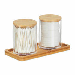 Pots à cotons-tiges avec tablette, 2 récipients avec couvercles, plastique / bambou, transparent - nature - Relaxdays