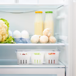 Organiseur de frigo, lot 4, 3x corbeilles, pour vos aliments, avec couvercle, transparent et blanc - Relaxdays