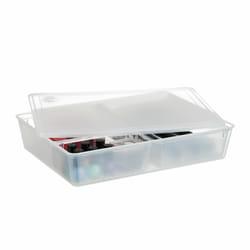 Bac de rangement avec couvercle, HxLxP : 7x32x24,5 cm, 3 compartiments, cosmétiques, plastique, transparent - Relaxdays