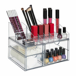 Organiseur à maquillage, 14 compartiments & 3 tiroirs, vernis, crayons à lèvres, plastique, transparent - Relaxdays