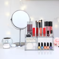Organiseur à maquillage, 14 compartiments & 3 tiroirs, vernis, crayons à lèvres, plastique, transparent - Relaxdays