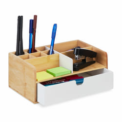 Relaxdays - Organisateur bureau, 1 tiroir, 9 compartiments, bambou, HxLxP: 10x25x15,5cm, espace de travail, nature - blanc