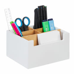 Relaxdays - Organiseur de bureau, bambou, 5 compartiments, ustensiles & cosmétiques, crayons, HxLxP: 9,5x18x15 cm, blanc