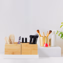 Relaxdays - Organiseur en bambou, 4 pièces, fournitures de bureau, cosmétiques, pour bureau, salle de bain, nature - blanc