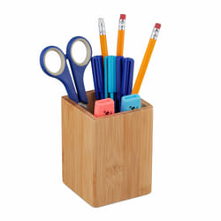 Relaxdays - Range-stylos en bambou, crayons, pinceaux à maquillage, HxLxP: 11x8x8 cm, porte-stylos pour bureau, nature