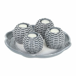 Relaxdays - Porte-bougies avec plateau, 4 bougeoirs, sable décoratif, déco bougies, salon, chambre, cuisine, gris/blanc