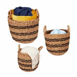 Relaxdays - Lot de 3 corbeilles de rangement, zostère, caisses à poignées, salle de bain, chambre & salon, nature - noir