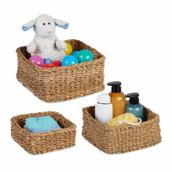 Relaxdays - Corbeille de rangement, lot de 3, zostère, 3 tailles, design tressé, salle de bain, panière carrée, nature