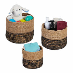 Relaxdays - Corbeille de rangement, lot de 3, zostère, 3 tailles, design tressé, déco, panière ronde, nature - noir