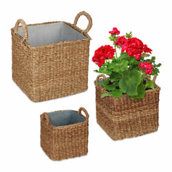 Relaxdays - Pot de fleur, lot de 3, en zostère, 3 tailles, pot intérieur en zinc, pour jardin, balcon, terrasse, nature