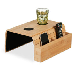 Relaxdays - Support accoudoir, bambou, HxLxP: 5,5x50x33,5 cm, plateau, dessous de verre, 2 compartiments, nature - noir