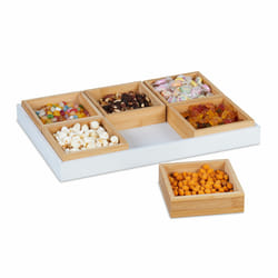 Plat de service, set avec 7 pièces (6 récipients et 1 tablette), pour chips et cacahuètes, nature et blanc - Relaxdays